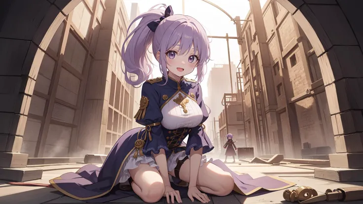 fantasy, amazing intricate, high saturation, illustration, cute girl, solo, round eyes, medium breasts, 
:d, 
light purple hair, kneeling, on a construction site, 
looking at viewer, 
long hair, mullet, 
(parted bangs:1.2), 
(short ponytail:1.1), 
, 
, 
, ...