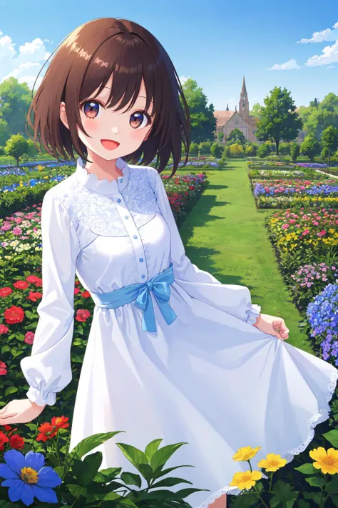 best quality, amazing intricate, cute girl, round eyes, deropping eyes, small breasts,
happy, :d,
white dress, long sleeves, flower garden, blue sky