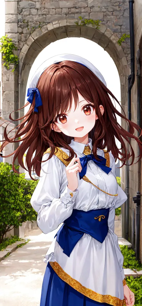 fantasy, cute girl, beautiful girl, beautiful face, round eyes, best quality, ultra detailed, layered skirt, middle length hair, :d, upper body, medieval town, low angle, dark brown hair