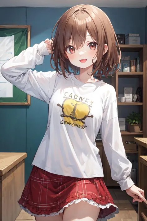 1 girl, best quality, ultra detailed, (round eyes:1.3), (happy:1.4), :d,
medium breast,
brown hair,medium hair, straight hair,
from front, cowboy shot,
long sleeve t-shirt, long skirt, (fat:1.1),
in room <lora:flat2:-0.2>