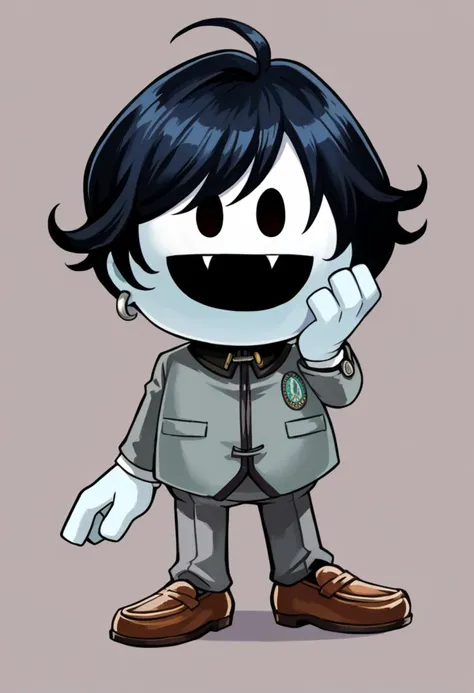 a cartoon boy with a black hair and a gray jacket