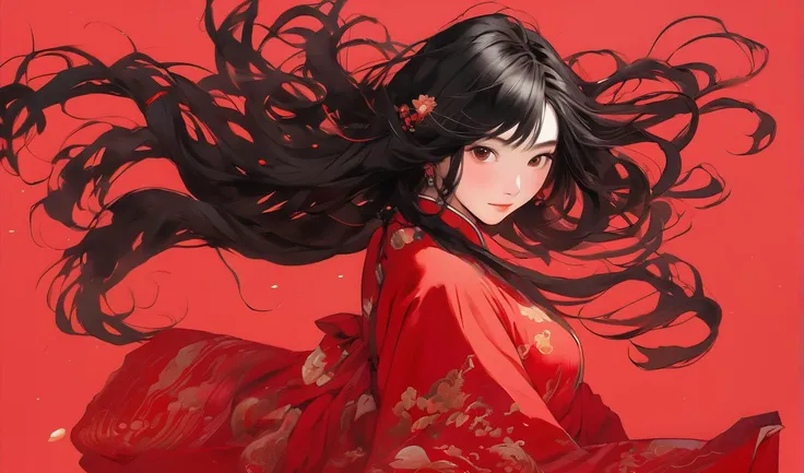 anima, pretty chinese woman, fullbody, pure red background, black hair, floating hair, blush, looking at viewer