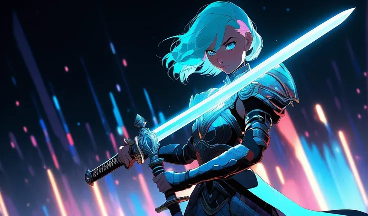 sword focus, masterpiece, best quality, 1girl, solo, futuristic, holding intricate sword, looking at viewer, black background, simple background, glow in the dark, sci-fi, multicolored hair, aqua eyes, warrior