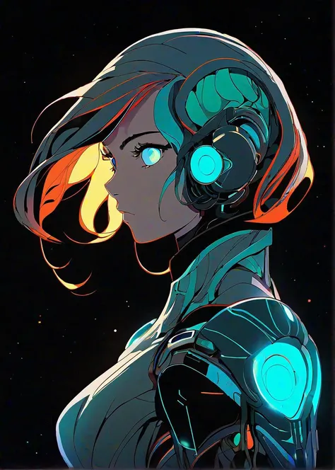 masterpiece, best quality, 1girl, solo, futuristic, intricate, over the shoulder, looking at viewer, black background, simple background, glow in the dark, sci-fi, multicolored hair, aqua eyes, warrior