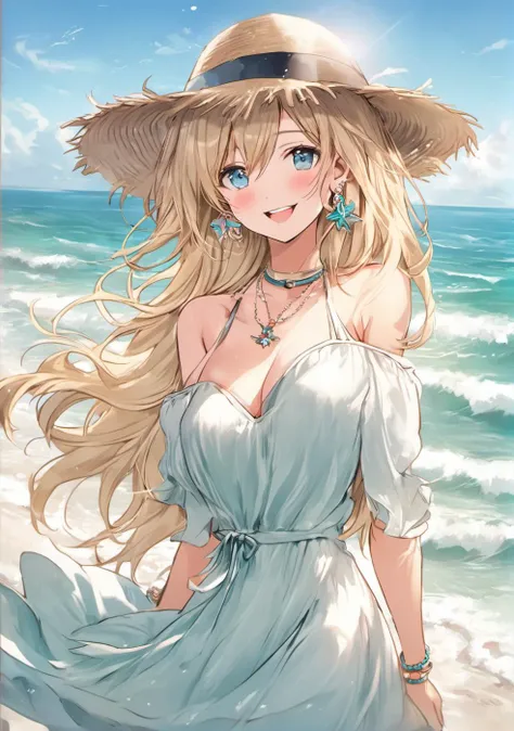 1girl, :d, aqua eyes, bangs, bare shoulders, beach, blush, bracelet, breasts, blonde hair, choker, cleavage, collarbone, dress, earrings, eyebrows visible through hair, hat, jewelry, long hair, looking at viewer, large breasts, , ocean, off-shoulder dress,...