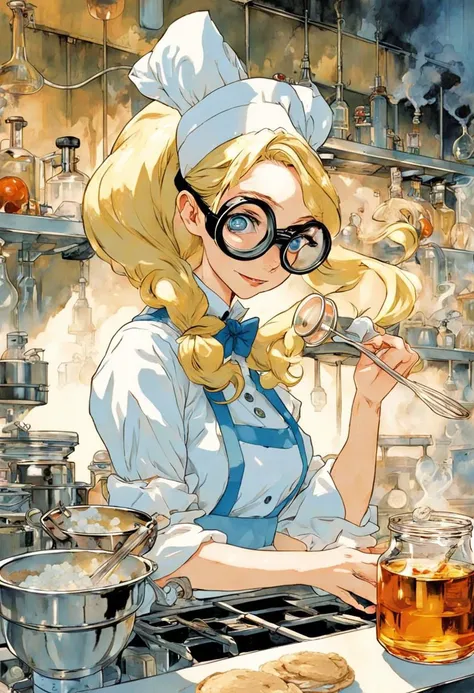 Anime Artwork,  Disney Alice in Wonderland cooking in a meth lab,  wearing chemist goggles,  art by Makoto Shinkai,  art by J.C. Leyendecker