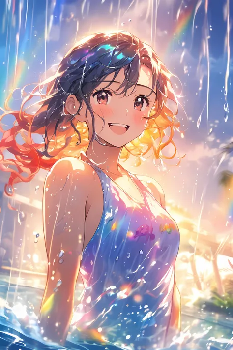 Masterpiece,best quality, focus face,detailed face, 1girl,standing,take shower ,swimming wear,wet hair,wet body,steamy,splash,relaxing,whole body , rainbow-like light