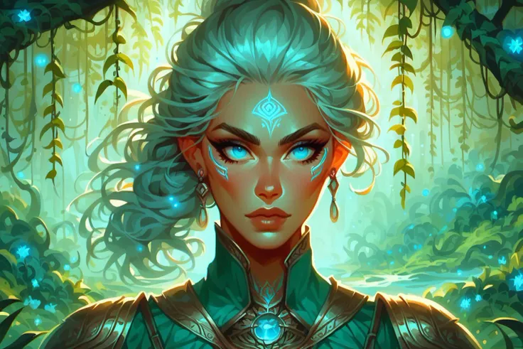 a woman with white hair and blue eyes in a forest