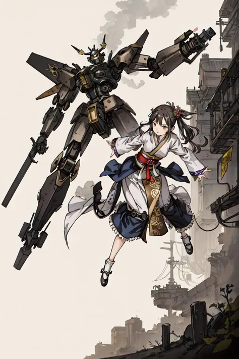 ((best quality, high_resolution, distinct_image)), girl,hanbok, mecha,action,detailed background,steampunk,