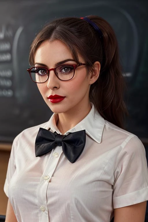 <lora:lizhurley:0.6>,lizhurley, ,  ,photo of a woman, ((shirt, ponytail, bowtie, thick glasses):1.1), ((classroom, chalkboard)), ((red lipstick, makeup)), ((best quality, masterpiece, extreme details, high resolution):1.2),((detailed eyes, beautiful eyes, ...