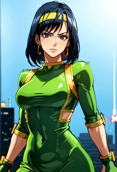 <lora:OGT_B_Orchid-v2:0.7> B Orchid, 1girl, solo, headband, black hair, green bodysuit, green thighhighs, thighhighs, earrings, gloves, bodysuit, jewelry, upper body, holding, holding weapon, lightsabers, dual wielding, standing, mature woman, (shonen anim...