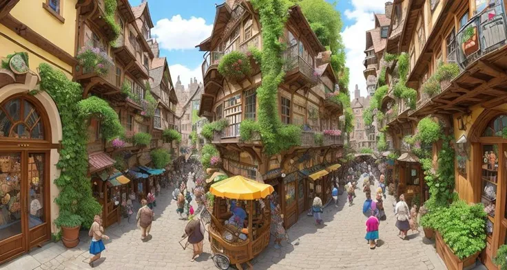 Whimsical and intricately detailed cartoon style, (by Jean-Jacques Loups) (by Martin Hanford) (by Michael Ryba) (Childrens Games by Pieter Bruegel the Elder). The camera is looking down from up high to a scene featuring a bustling medieval market in the he...