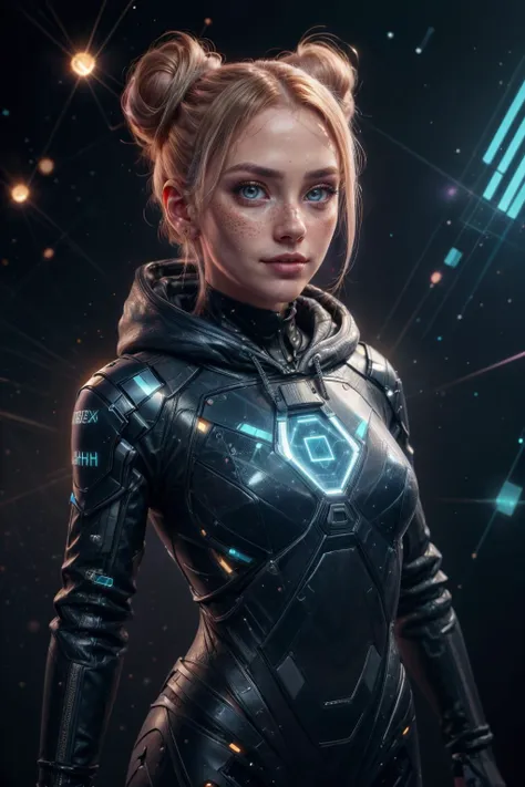 a woman in a futuristic suit with glowing lights on her face