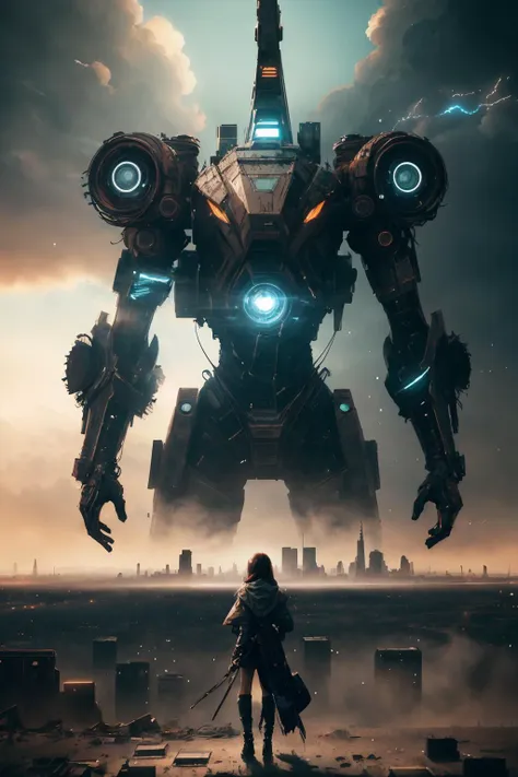 a man standing in front of a giant robot with glowing eyes