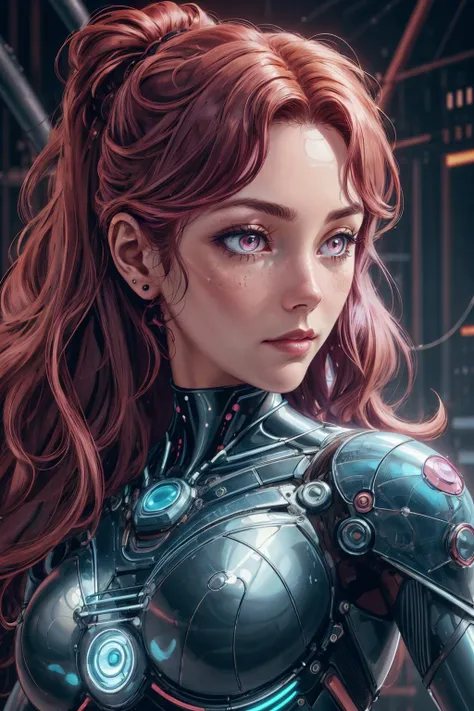 a woman with red hair and a futuristic suit is looking at the camera