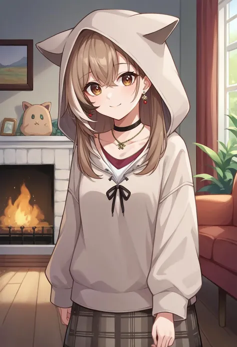 anime girl in a white hoodie standing in front of a fireplace