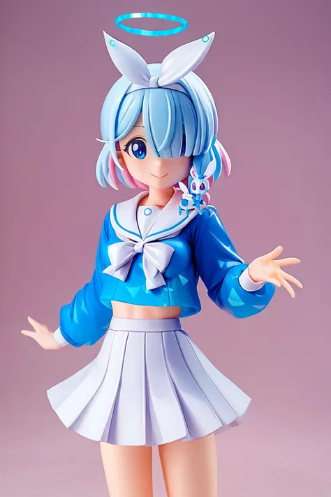 a close up of a doll with a blue outfit and a white angel halo