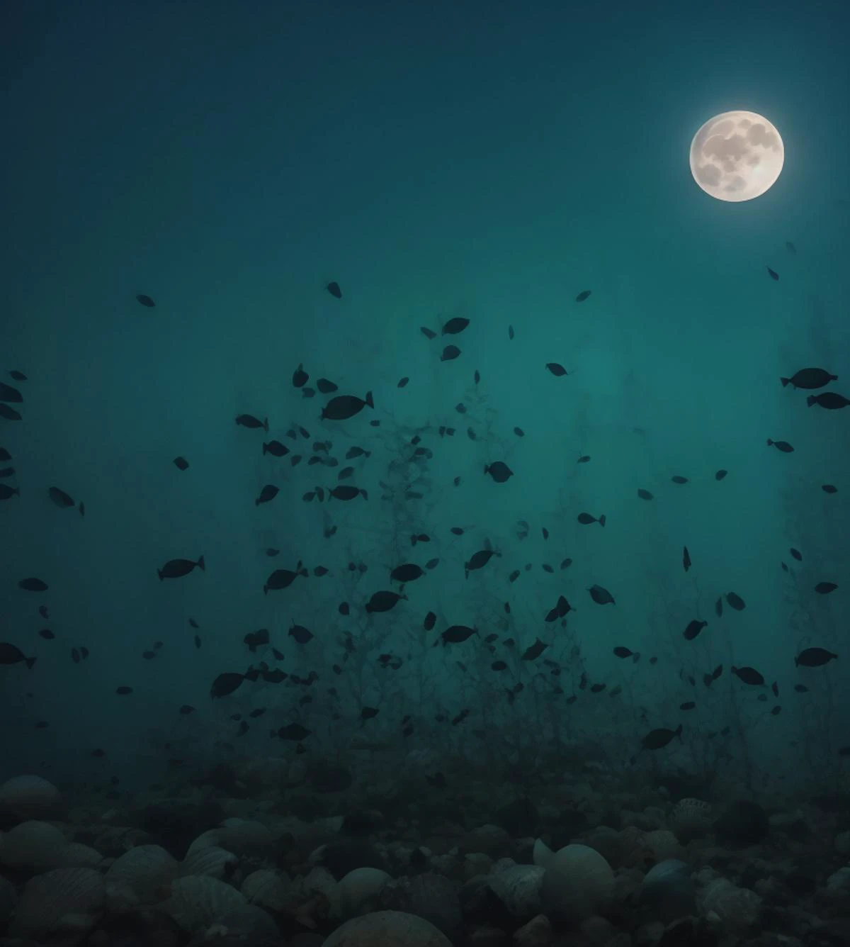 a large group of fish swimming under a full moon