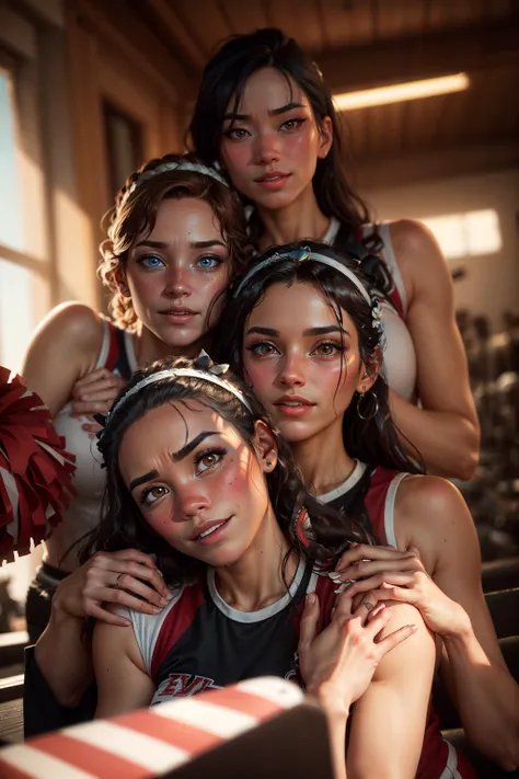 three women in cheerleaders pose for a picture in a gym