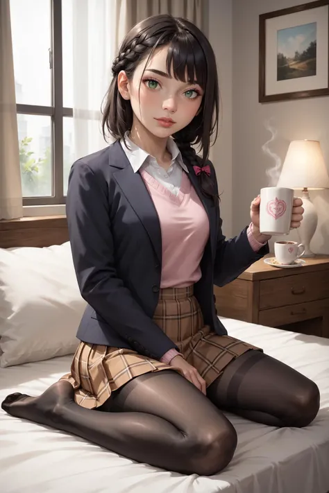 a woman in a skirt and jacket sitting on a bed holding a cup