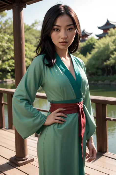 arafed asian woman in a green robe standing on a wooden deck