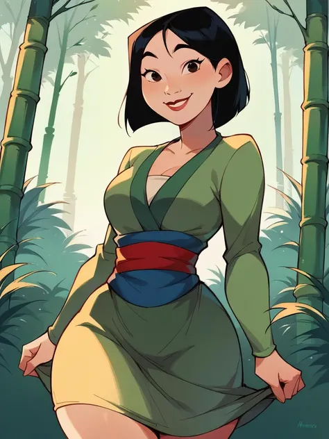 a cartoon of a woman in a green dress standing in a forest