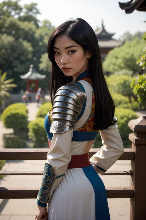 a woman in a white dress and armor poses for a picture