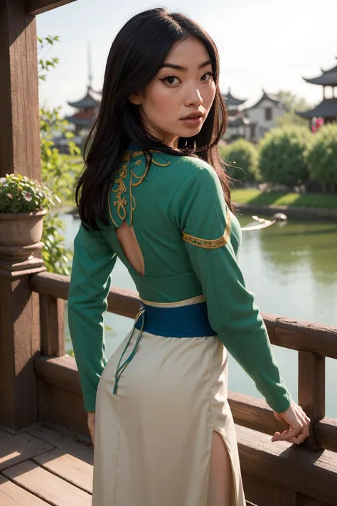 a woman in a green and white dress standing on a bridge