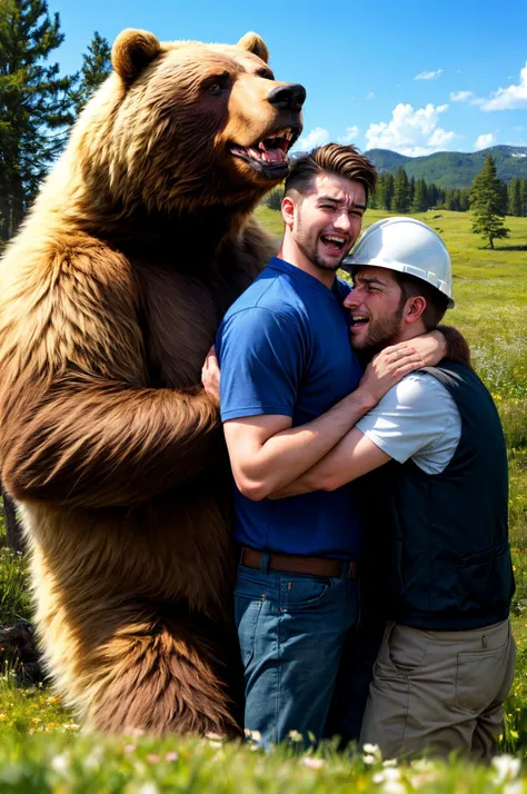 sandwiched, multiple boys, 2boys, boy sandwich, a bear, a grizzly bear, hetero, threesome, (caucasian men:1.2), a big grizzly bear between guys, bear and a European man, construction vest, hard hat, worker, men hugging the bear on both sides, size differen...