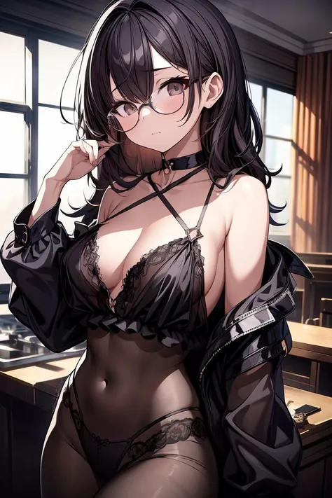 (masterpiece, best quality), 1girl, messy hair, choker, black silk pajamas, see-through, glasses, <lora:add_detail:1>