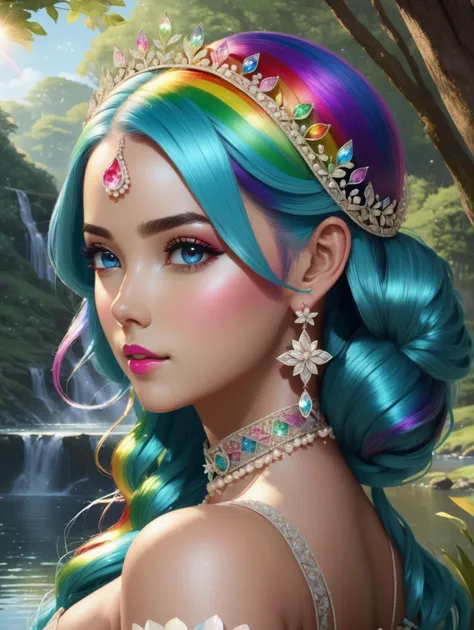 masterpiece, best quality, ultra-detailed, illustration, (rainbow hair:1.4), pointy ears, tiara, necklace, earrings, armband, thigh strap, belly chain, chain, nymph, (aqua eyes:1.4), colored eyelashes, long hair,  (nature tattoo:1.6),  (makeup:1.2), (solo:...