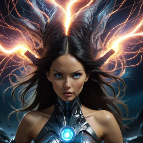 a woman in a futuristic outfit with lightning coming out of her hair