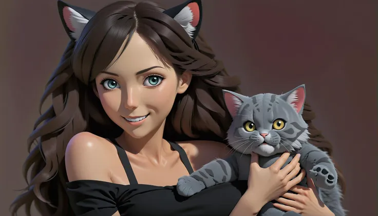 anime girl with cat ears holding a cat in her arms