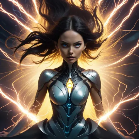 a woman in a futuristic suit with lightning coming out of her chest