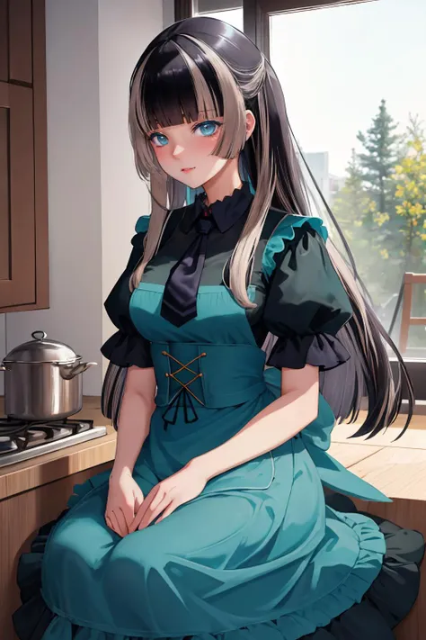 ultra detailed, sharp focus, best quality, masterpiece, <lora:JuufuuteiRaden:1> JuufuuteiRaden, apron, necktie, puffy sleeves, teal dress, kitchen background, masterpiece, intricate details