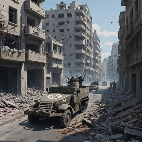 araf truck driving through a destroyed city street with buildings in the background