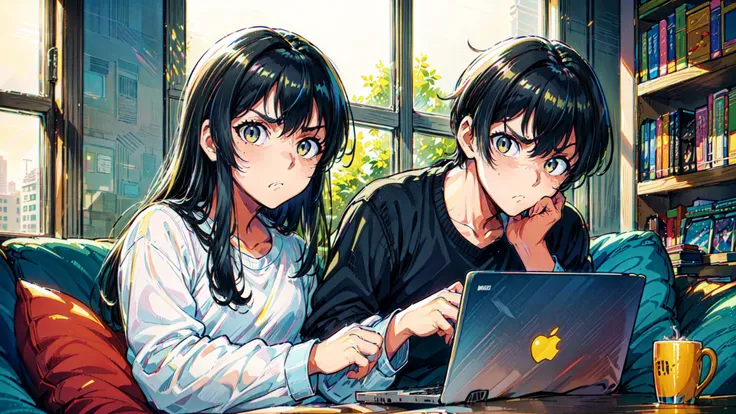 anime couple sitting on a couch looking at a laptop computer