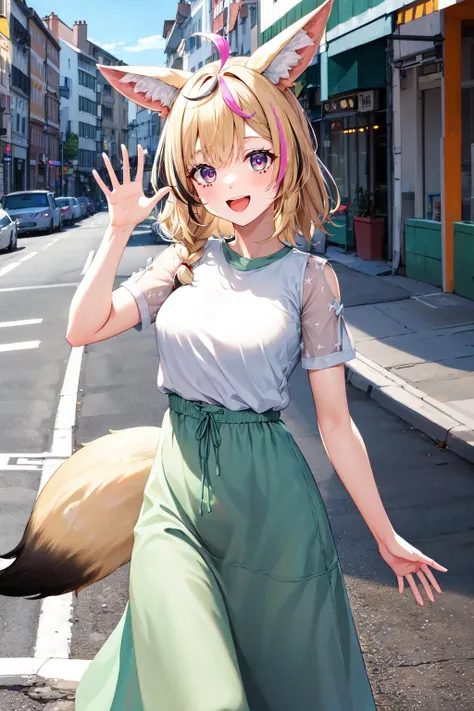 masterpiece, best quality, highres, op1, animal ears, fox tail, streaked hair, white shirt, short sleeves, long skirt, jewelry, green skirt, <lora:omaru_polka_v1:0.7>, street, waving, smile, open mouth