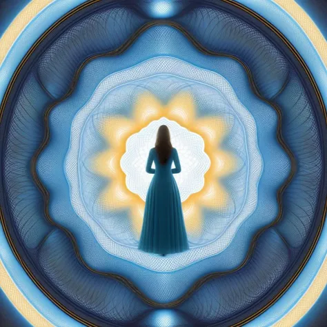 arafed image of a woman in a blue dress standing in a circular light