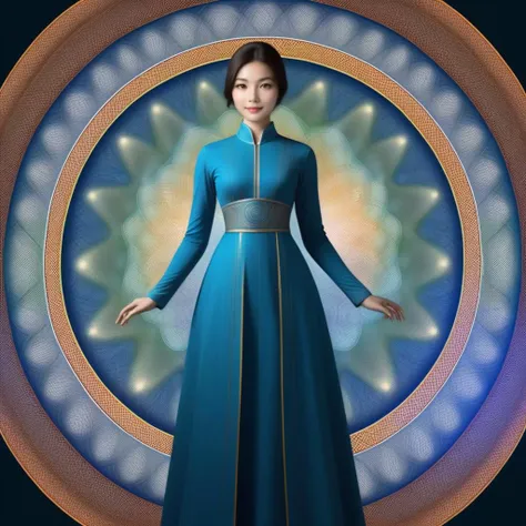 arafed image of a woman in a blue dress standing in a circle