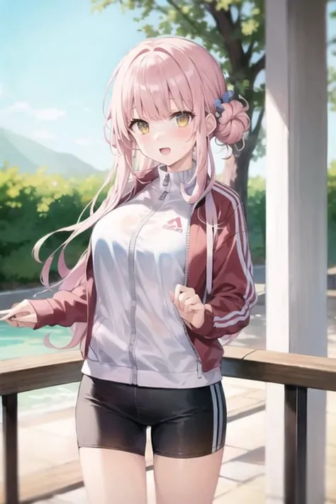 <lora:misonomika:1>best illustration,2D, BREAK
misonomika, thst, 1girl, solo, 16yo, (halo:1.2),(track jacket, black shorts, short shorts:1.2),(double bun), pink hair, large breasts,yellow eyes, long hair, hair ornament, blue bow, bangs,open mouth, sweat
, ...