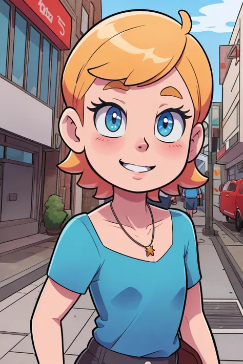 a cartoon girl with blonde hair and blue eyes standing on a street