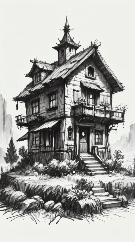 monochrome, graphite (medium) contrast greyscale house