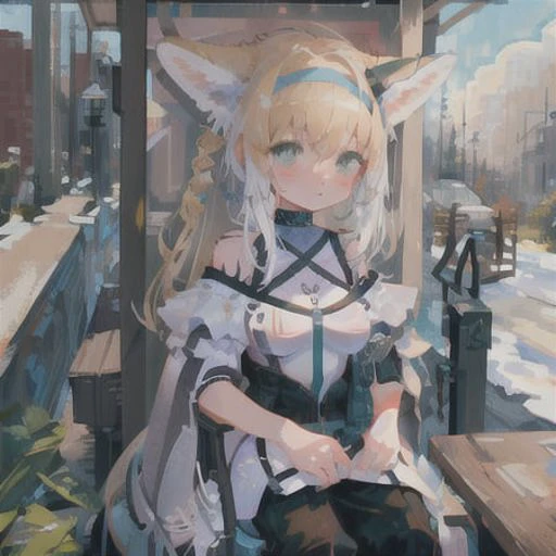 anime girl sitting on a bench with a cat ear and a cat tail