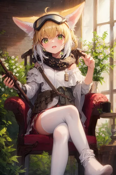 anime girl sitting in a chair with a cat ear and a guitar