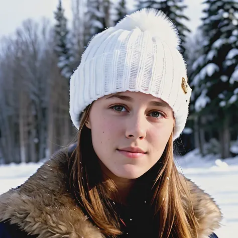 marystuartmasterson an ,a close up photo (30 year old woman) , (white fur coat) and a knit hat in the snow, art photography, winter, (snow covered trees, rocky mountains),(dark, fog) (log cabin) Eszter Mattioni