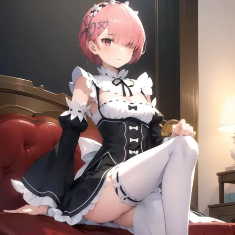 (masterpiece), (best quality),
1girl,solo,
aaram,short hair,hair over one eye,bangs,hair ribbon,small breasts,roswaal mansion maid uniform,maid,neck ribbon,dress,frills,detached sleeves,long sleeves,skirt,white thighhighs,shoes,
 <lora:ram_(re_zero):0.9>