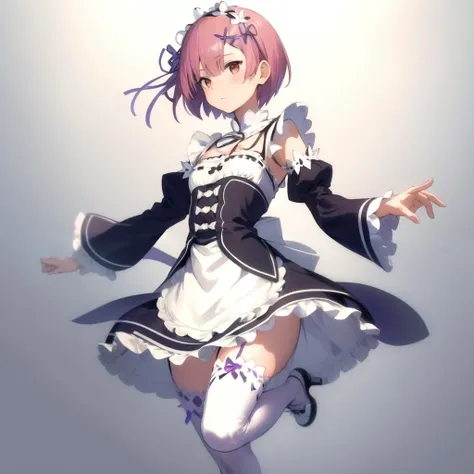 (masterpiece), (best quality),
1girl,solo,
aaram,short hair,hair over one eye,bangs,hair ribbon,purple ribbon,x hair ornament,small breasts,roswaal mansion maid uniform,maid,neck ribbon,dress,frills,detached sleeves,long sleeves,(apron:1.2),skirt,white thi...