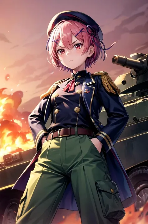 (masterpiece, best quality, detailed), 1girl, solo, looking at viewer, aaram,short hair,hair over one eye,bangs,hair ribbon,purple ribbon,x hair ornament,small breasts,
military uniform, military, soldier, belt, green pants, metal, beret, black jacket, wor...