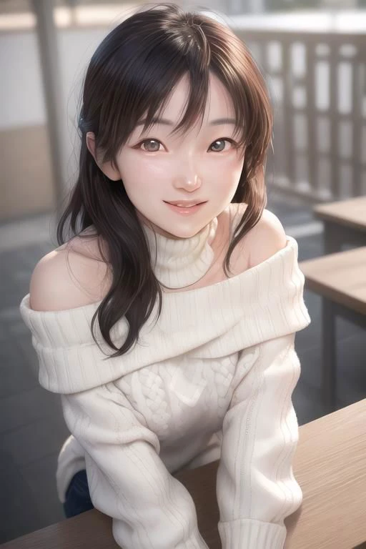 a woman sitting on a table with a white sweater on